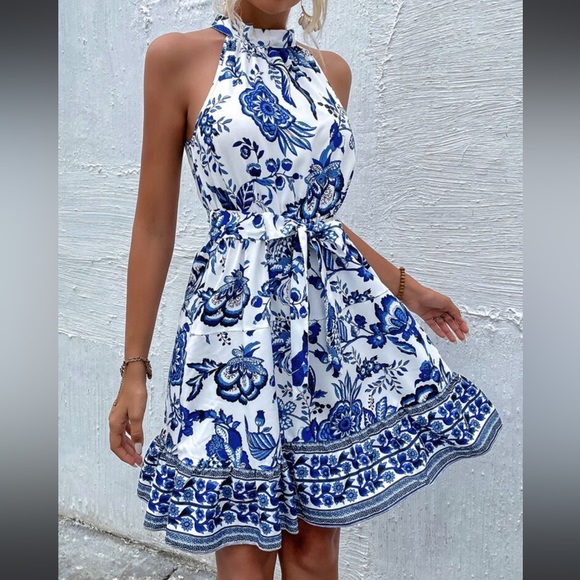Boho Floral Paisley Print Belted Ruffle Hem Halter Dress WHITE BLUE - Picture 6 of 6